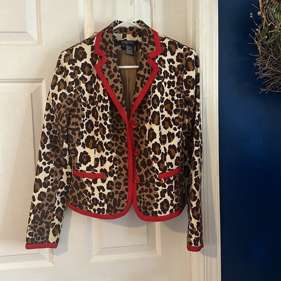 NWOT Women’s ETCETERA Beige Brown Cheetah Print Cotton Blend Red Trim Blazer - Picture 3 of 8